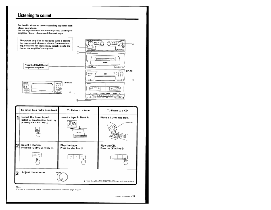 Listening to sound, To listen to a radio broadcast, To listen to a tape | To listen to a cd, Select a station, Play the tape, Play the cd, Adjust the volume | Kenwood UD-900M User Manual | Page 19 / 84