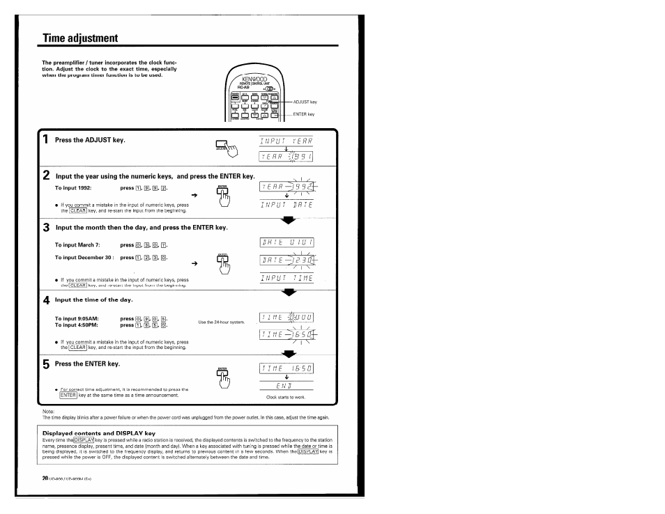 Time adjustment, 1 press the adjust key, Input the time of the day | 5 press the enter key, Displayed contents and display key | Kenwood UD-900M User Manual | Page 20 / 84