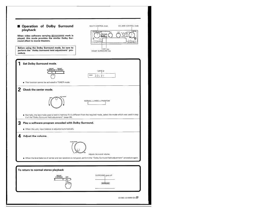 Operation of dolby surround playback, To return to normal stereo playback, Pт т^у | Kenwood UD-900M User Manual | Page 27 / 84