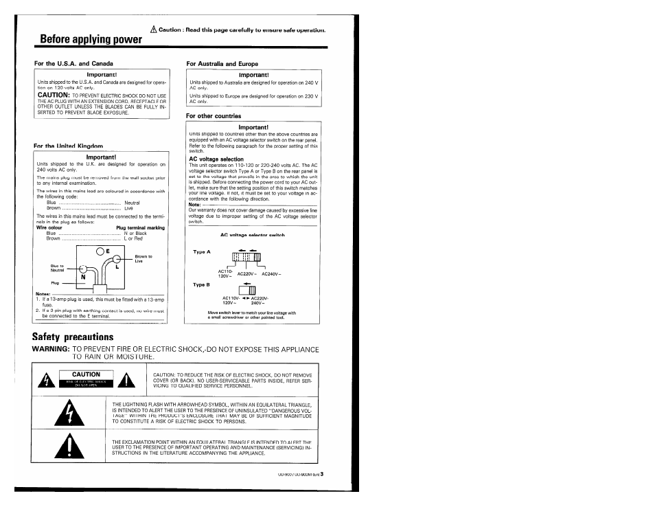 Before applying power, For the united kingdom, For australia and europe | Important, For other countries, Before applying power a, Safety precautions | Kenwood UD-900M User Manual | Page 3 / 84