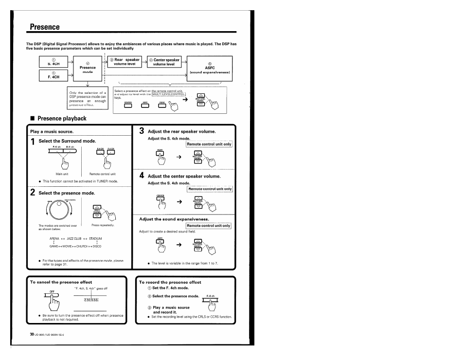 Presence, Presence playback, Play a music source | I select the surround mode, 2 select the presence mode, 3 adjust the rear speaker volume, 4 adjust the center speaker volume, Adjust the sound expansiveness, To cancel the presence effect, To record the presence effect | Kenwood UD-900M User Manual | Page 30 / 84