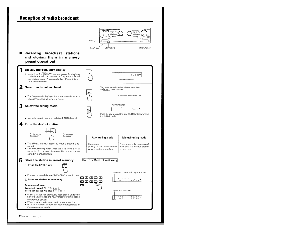 Reception of radio broadcast, Display the frequency display, 2 select the broadcast band | 0 select the tuning mode, 4 tune the desired station, Store the station in preset memory, Remotecontrol unit only | Kenwood UD-900M User Manual | Page 32 / 84