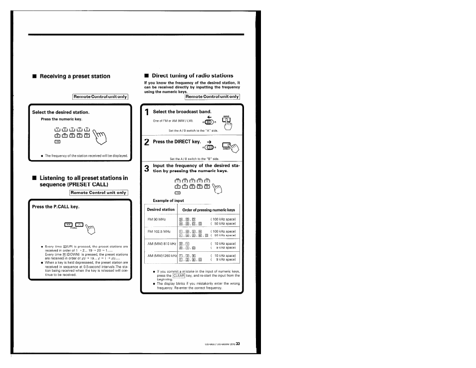 Receiving a preset station, Remote control unit only, Select the desired station | I remote control unit only, Press the p.call key, Direct tuning of radio stations, Select the broadcast band, 2 press the direct key | Kenwood UD-900M User Manual | Page 33 / 84