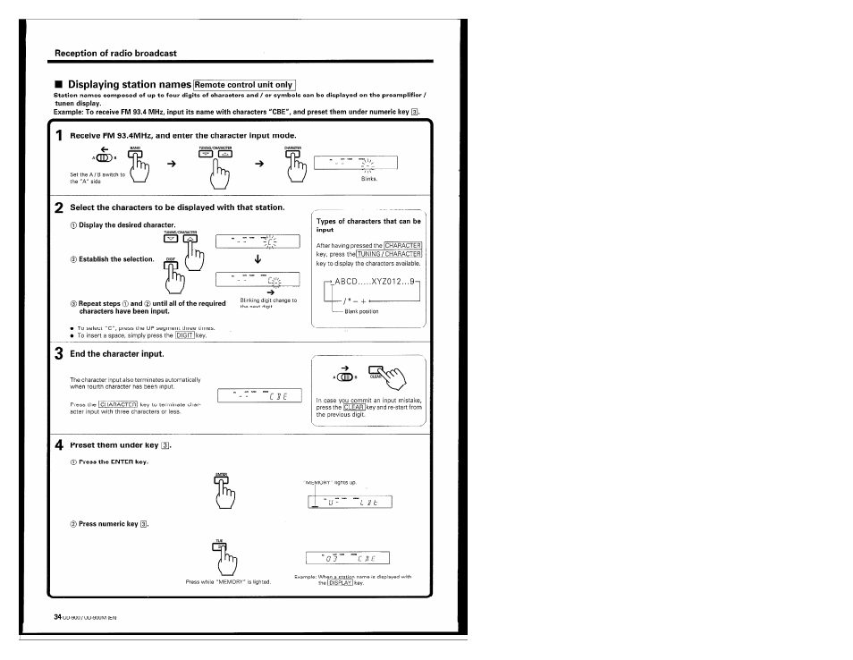 Displaying station names [remote control unit only, 3 end the character input, 4 preset them under key | Kenwood UD-900M User Manual | Page 34 / 84