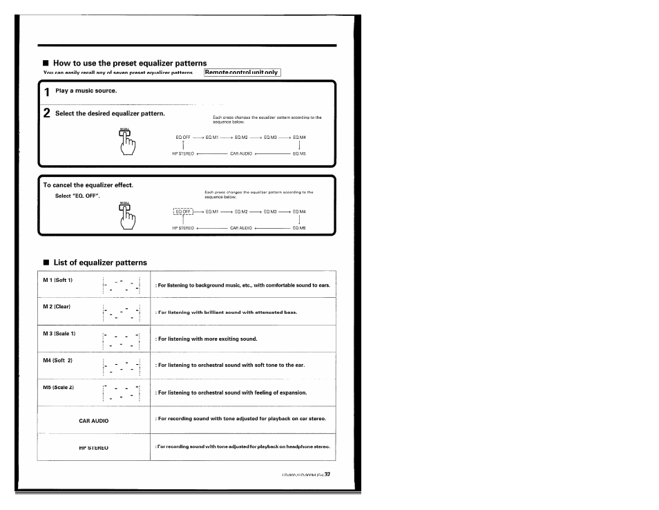 How to use the preset equalizer patterns, Play, A music source | 2 select the desired equalizer pattern, To cancel the equalizer effect, List of equalizer patterns | Kenwood UD-900M User Manual | Page 37 / 84