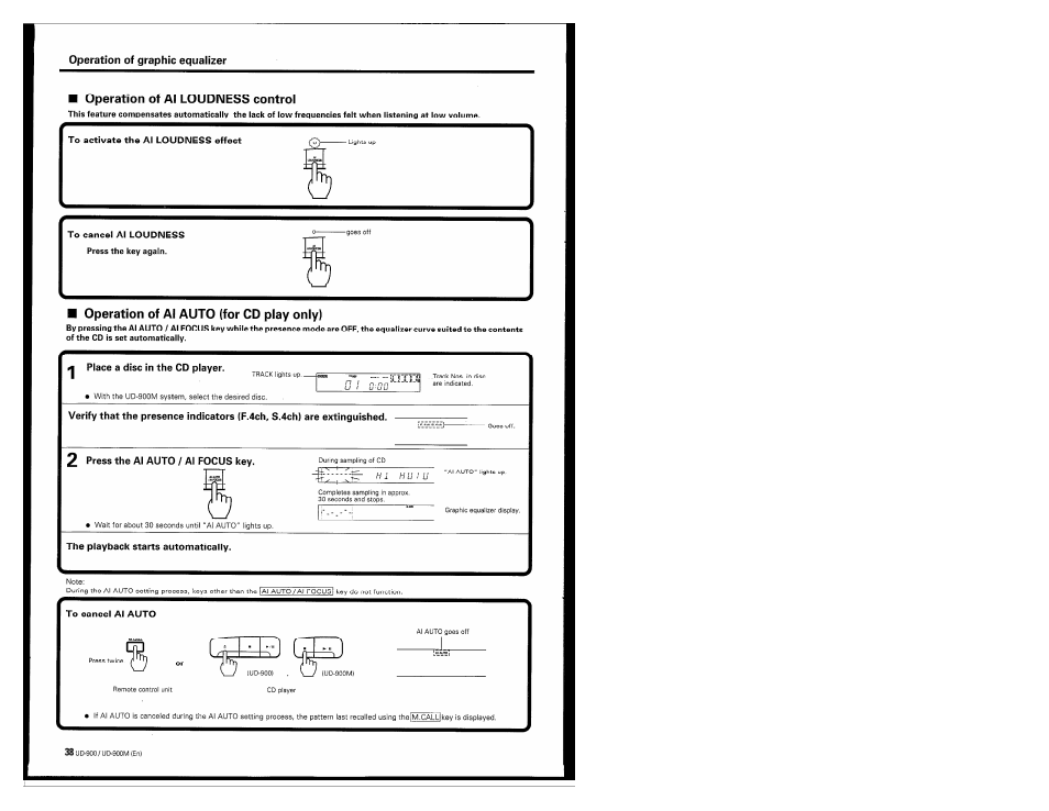 Operation of al auto (for cd play only), 2 press the al auto / al focus key, The playback starts automatically | To cancel al auto | Kenwood UD-900M User Manual | Page 38 / 84