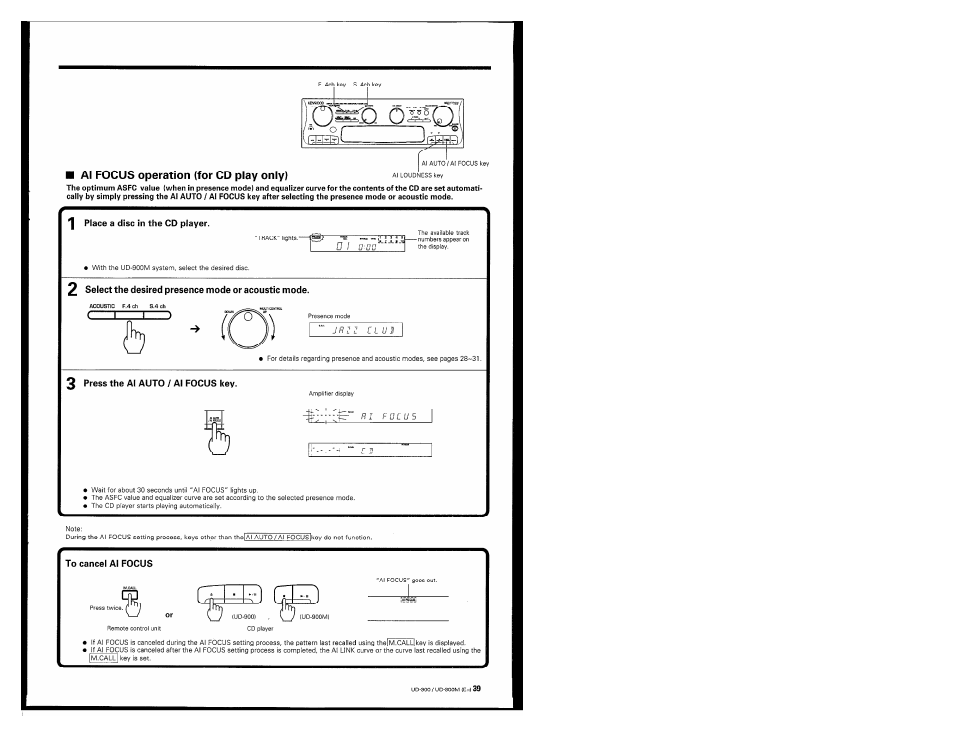 Al focus operation (for cd play only), To cancel al focus | Kenwood UD-900M User Manual | Page 39 / 84