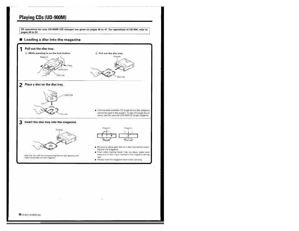 Playing cds (ud-900m), Loading a disc into the magazine | Kenwood UD-900M User Manual | Page 40 / 84