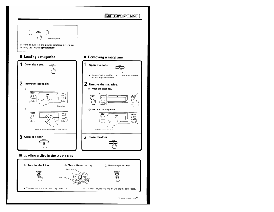 Loading a magazine, Loading a disc in the plus-1 tray, Removing a magazine | 1 open the door, 2 remove the magazine, 3 close the door | Kenwood UD-900M User Manual | Page 41 / 84