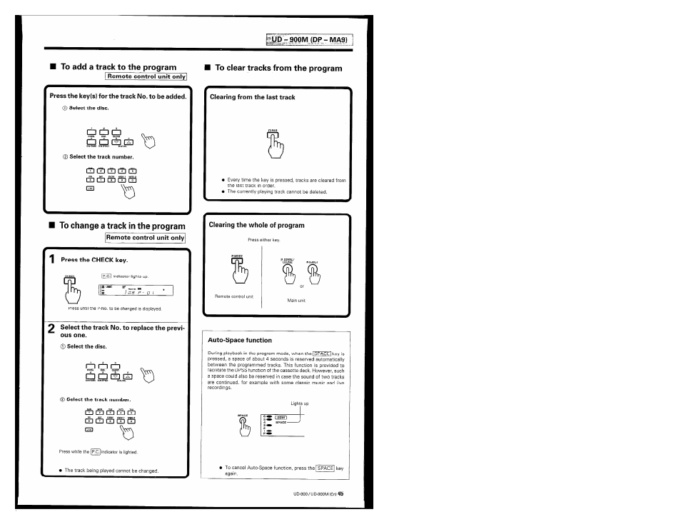 To add a track to the program, I remote control unit onl, To change a track in the program | Remote control unit onlyl, T press the check key, 2 select the track no. to replace the previous one, To clear tracks from the program, Clearing from the last track, Clearing the whole of program, Auto-space function | Kenwood UD-900M User Manual | Page 45 / 84