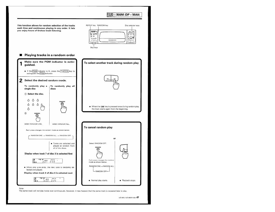 Playing tracks in a random order, Make sure the pgm indicator is extinguished, 2 select the desired random mode | Kenwood UD-900M User Manual | Page 47 / 84