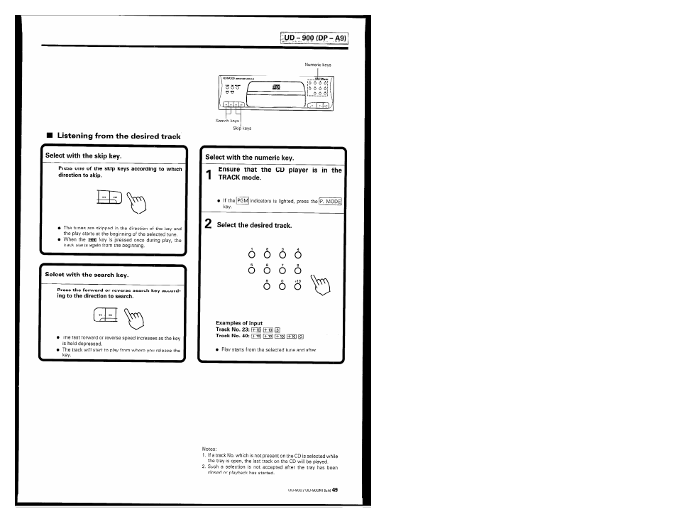 Ud - 900 (0p -a9i, Listening from the desired track, Select with the skip key | Select with the search key, Select with the numeric key, Ensure that the cd player is in the 1 track mode, 25 select the desired track | Kenwood UD-900M User Manual | Page 49 / 84