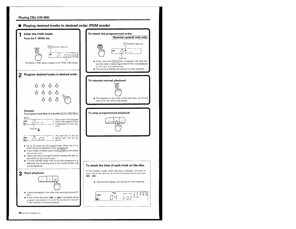 Playing desired tracks in desired order (pgm mode), I enter the pgm mode, 2 program desired tracks in desired order | 2 start playback, To check the programmed order, Remote control unit only, To resume normal playback, To check the time of each track on the disc | Kenwood UD-900M User Manual | Page 50 / 84
