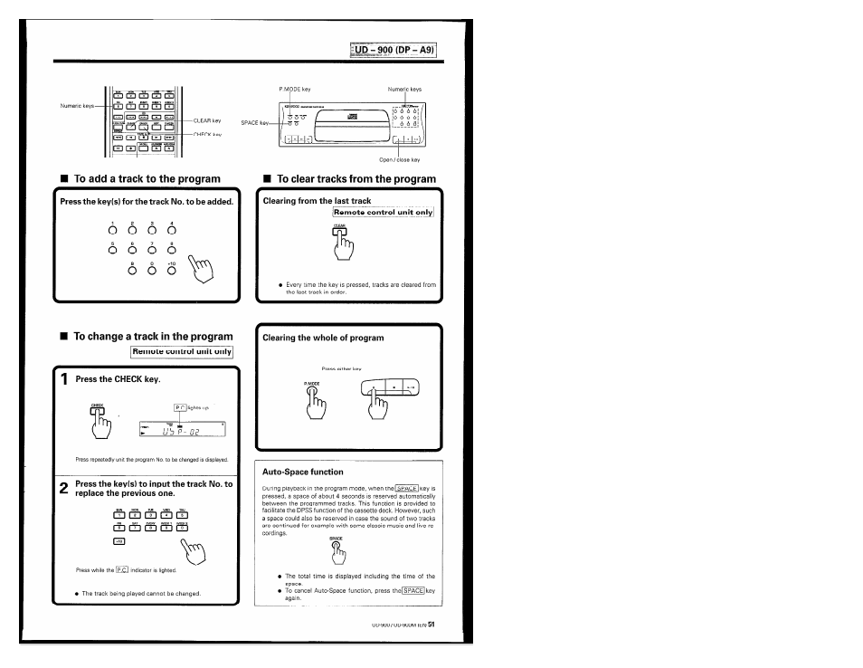 To add a track to the program, To clear tracks from the program, To change a track in the program | Remote control unit only, 1 press the check key, Ш ed e3 ed cz), Auto-space function, О о о\у | Kenwood UD-900M User Manual | Page 51 / 84