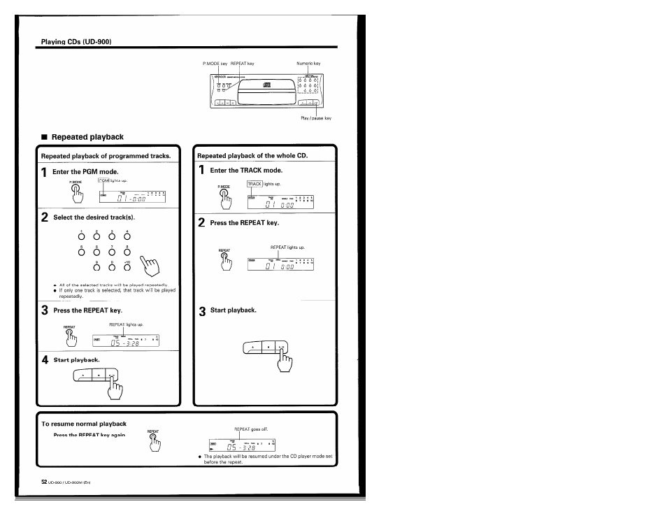 Repeated playback, 2 select the desired track(s), Repeated playback of the whole cd | 1 enter the track mode, 2 press the repeat key, 2 start playback | Kenwood UD-900M User Manual | Page 52 / 84