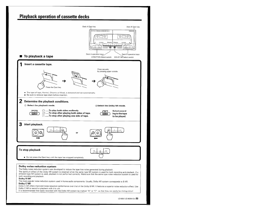 Playback operation of cassette decks, To playback a tape, Dolby noise reduction system | Kenwood UD-900M User Manual | Page 53 / 84