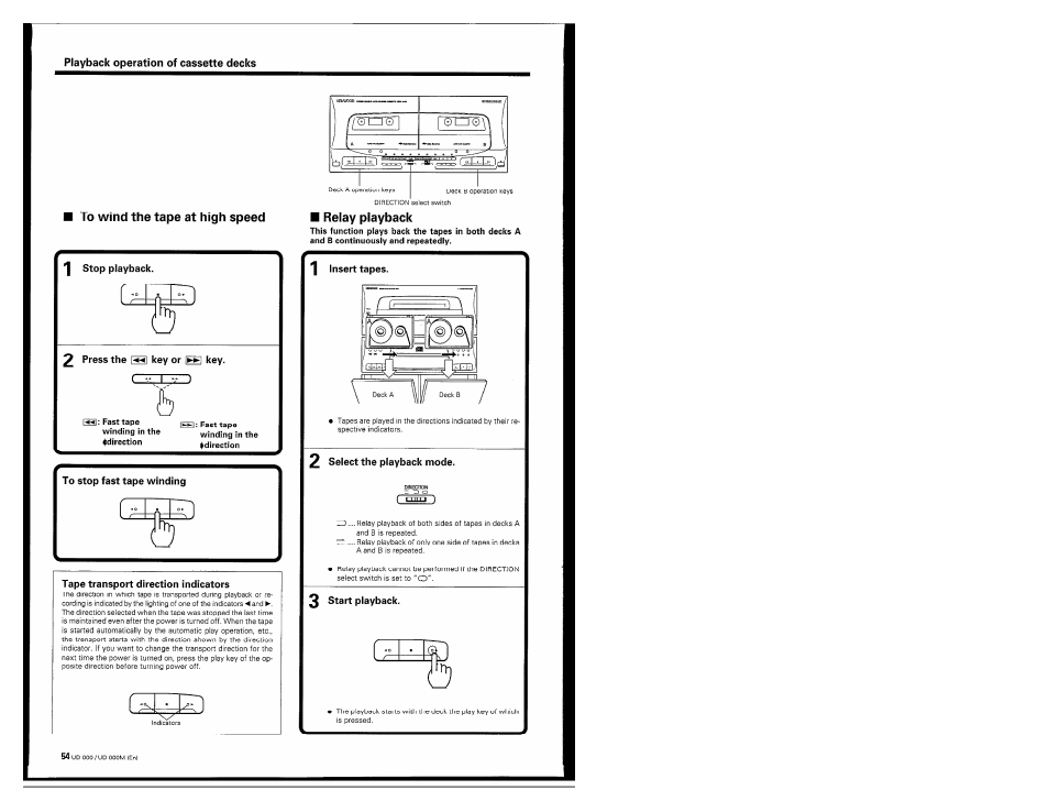 To wind the tape at high speed, Relay playback, 2 press the key or [s key | Tape transport direction indicators, 1 insert tapes, 2 select the playback mode, 3 start playback | Kenwood UD-900M User Manual | Page 54 / 84