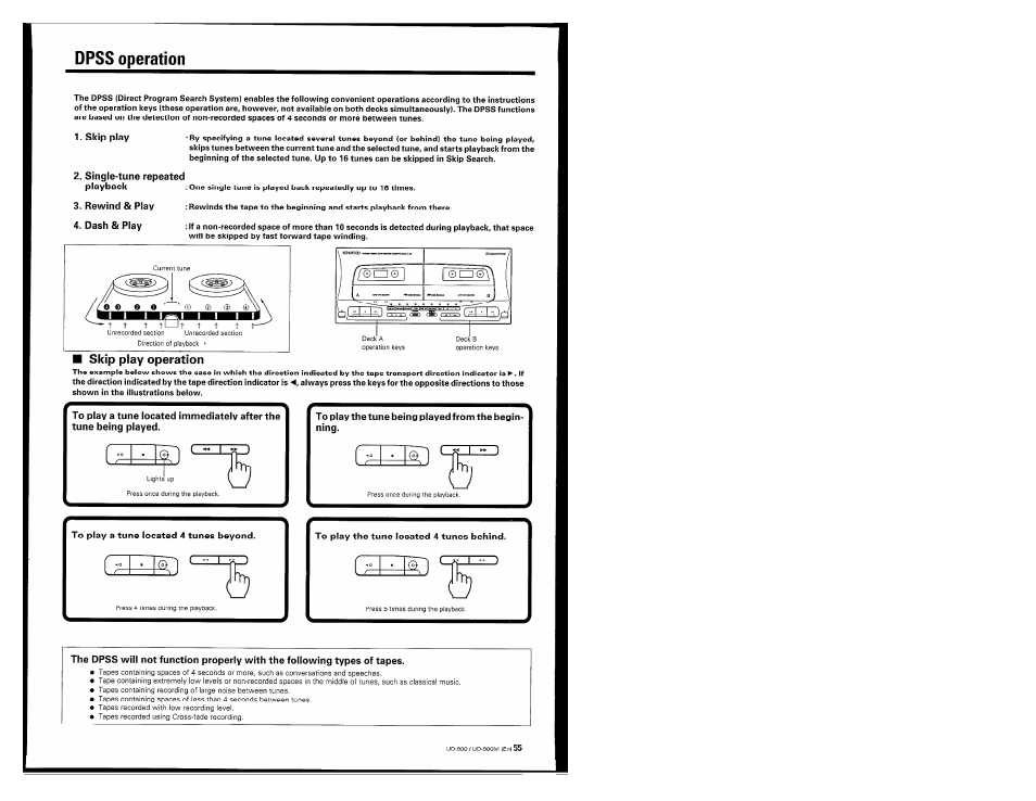 Dpss operation, Skip play, Single-tune repeated | To play a tune located 4 tunes beyond | Kenwood UD-900M User Manual | Page 55 / 84