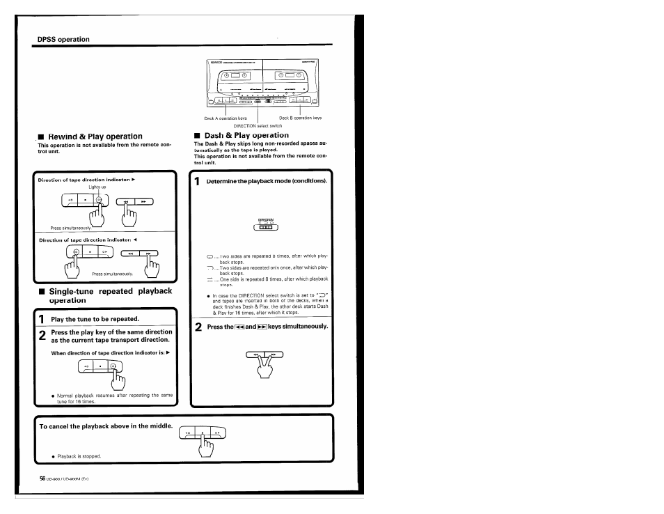 Rewind & play operation, Single-tune repeated playback operation, Dash 8l play operation | 1 determine the playback mode (conditions), To cancel the playback above in the middle | Kenwood UD-900M User Manual | Page 56 / 84