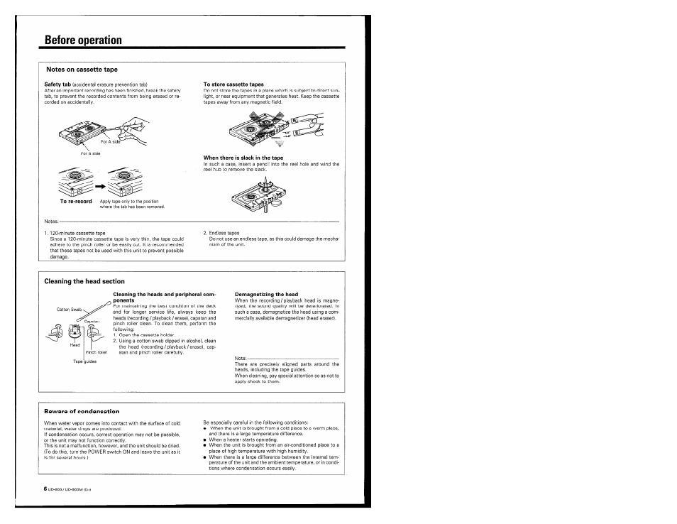 Before operation, Notes on cassette tape, Cleaning the head section | Beware of condensation | Kenwood UD-900M User Manual | Page 6 / 84