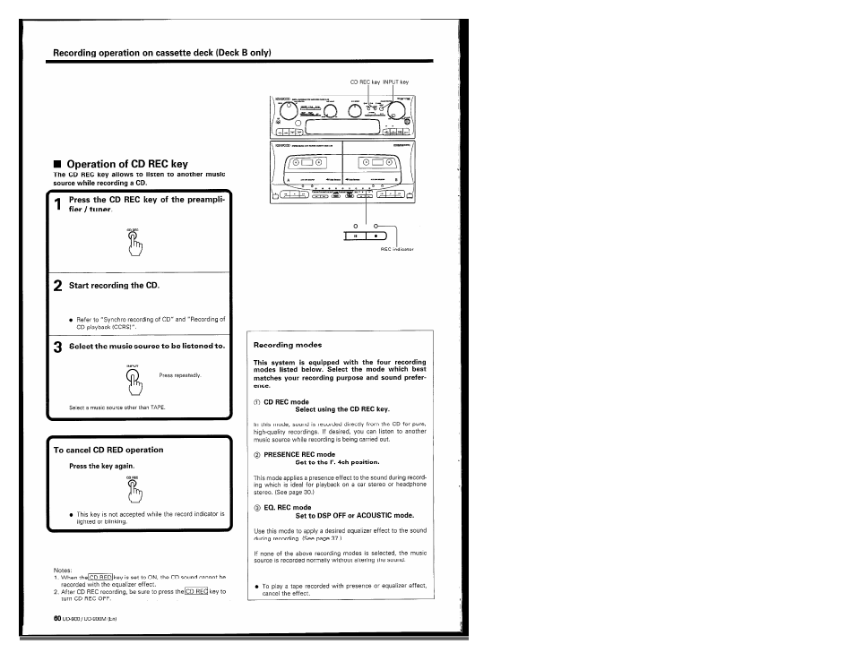 Operation of cd rec key, 2 start recording the cd, 3 select the music source to be listened to | To cancel cd red operation, Recording modes | Kenwood UD-900M User Manual | Page 60 / 84