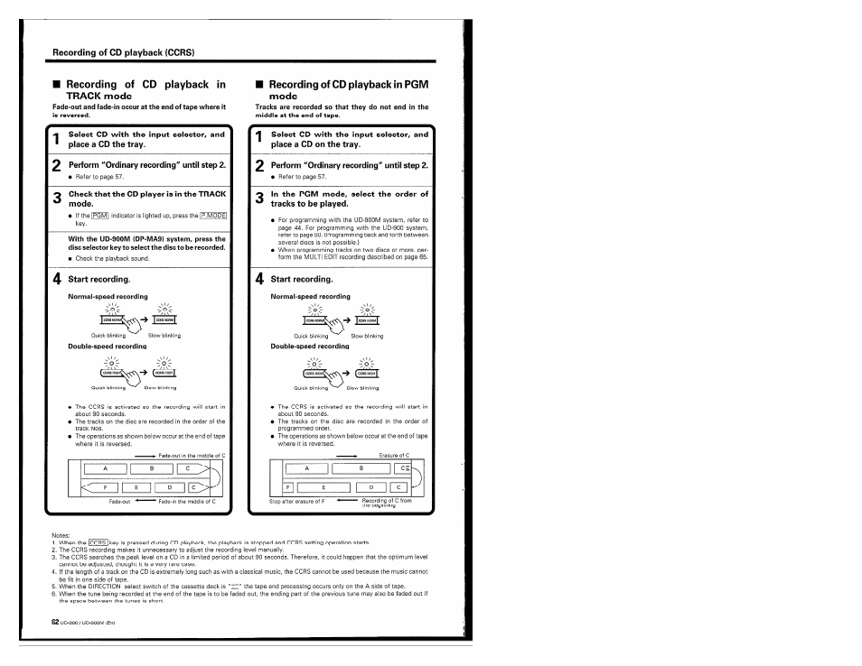 M recording of cd playback in track mode, 2 perform "ordinary recording" until step 2, O check that the cd player is in the track ^ mode | 4 start recording, Recording of cd playback in pgm mode | Kenwood UD-900M User Manual | Page 62 / 84