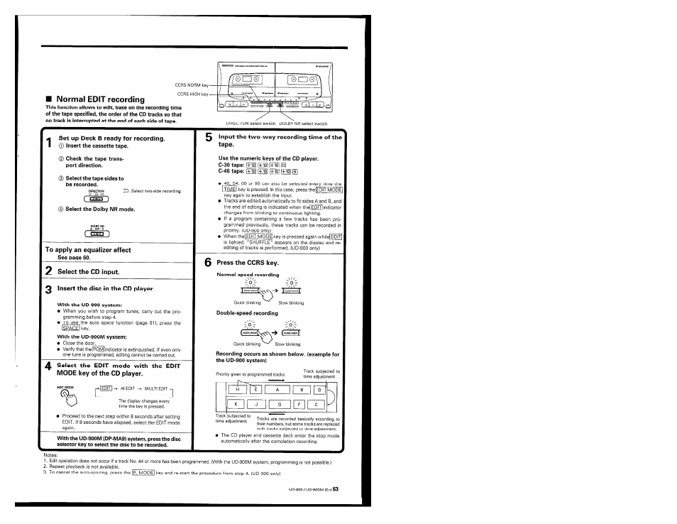 Normal edit recording, Set up deck b ready for recording, To apply an equalizer effect | 2 select the cd input, 2 insert the disc in the cd player, 0 input the two-way recording time of the tape, 0 press the ocrs key, I itrr, Mm ) | Kenwood UD-900M User Manual | Page 63 / 84