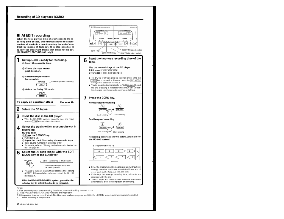 Al edit recording, Set up deck b ready for recording, Insert the disc in the cd player | 7 press the ccrs key, Il_!.ji | Kenwood UD-900M User Manual | Page 64 / 84