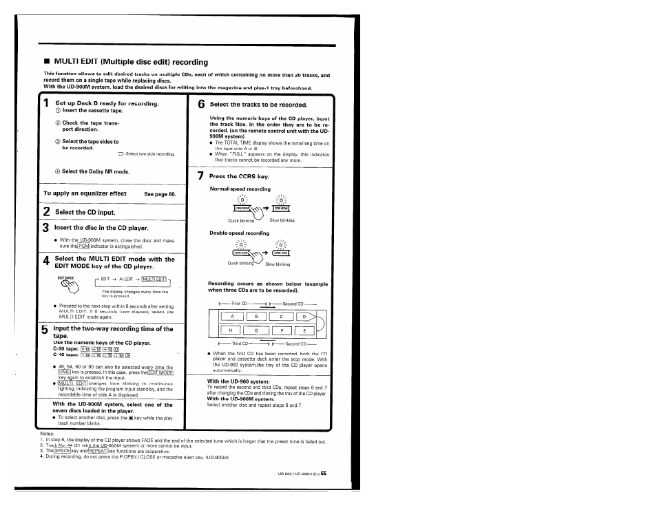 Multi edit (multiple disc edit) recording, 1 set up deck b ready for recording, 3 insert the disc in the cd player | Input the two-way recording time of the, Tape, 0 select the tracks to be recorded, 7 press the ocrs key | Kenwood UD-900M User Manual | Page 65 / 84