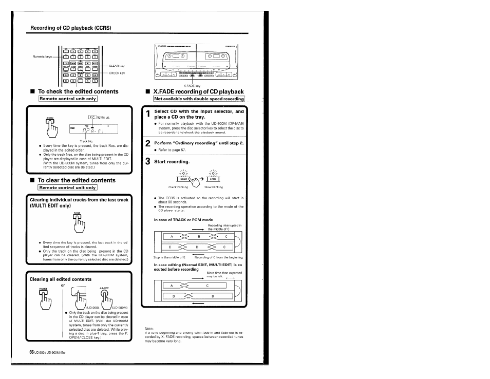 To check the edited contents, Remote control unit onl, Clearing all edited contents | X.fade recording of cd playback, I not available with double-speed recording j, 2 perform "ordinary recording" until step 2, 3 start recording, I f & c j e 1 | Kenwood UD-900M User Manual | Page 66 / 84