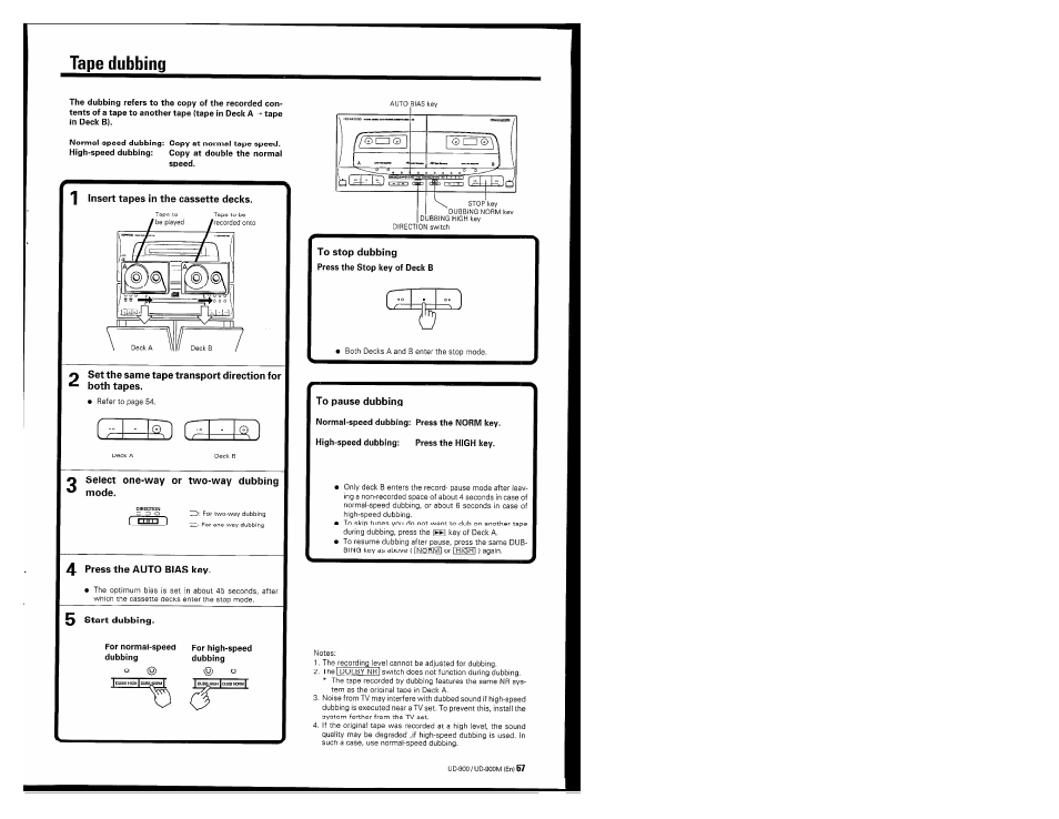 Tape dubbing, To stop dubbing, To pause dubbing | Kenwood UD-900M User Manual | Page 67 / 84