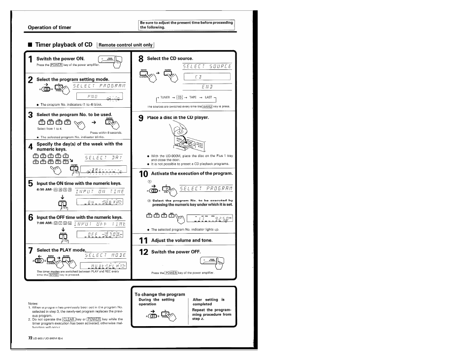 Timer playback of cd | remote control unit only i, Switch the power on, 2 select the program setting mode | 3 select the program no. to be used, Specify the day(s) of the week with the, Numeric keys, 5 input the on time with the numeric keys, 0 input the off time with the numeric keys, Y select the play mode, 0 select the cd source | Kenwood UD-900M User Manual | Page 72 / 84