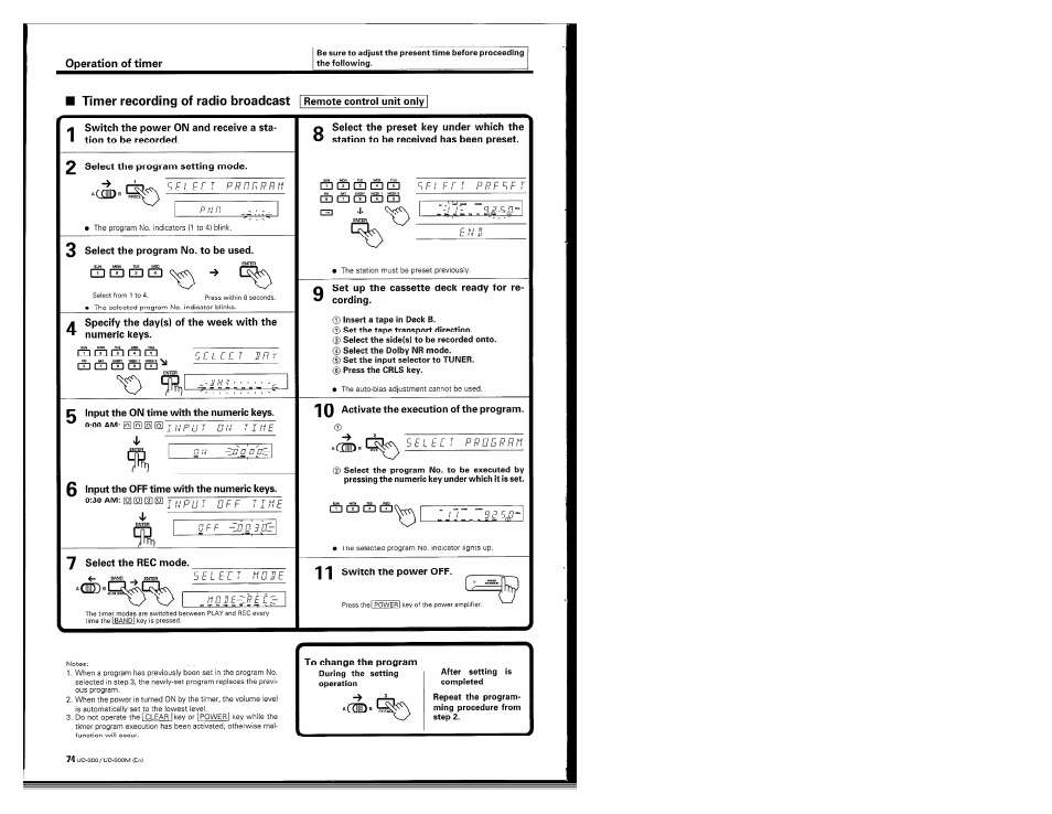 2 select the program setting mode, 3 select the program no. to be used, Specify the day(s) of the week with the | Numeric keys, Input the on time with the numeric keys, 10 activate the execution of the program, Input the off time with the numeric keys, Y select the rec mode, 11 switch the power off, Qd q3 m i | Kenwood UD-900M User Manual | Page 74 / 84