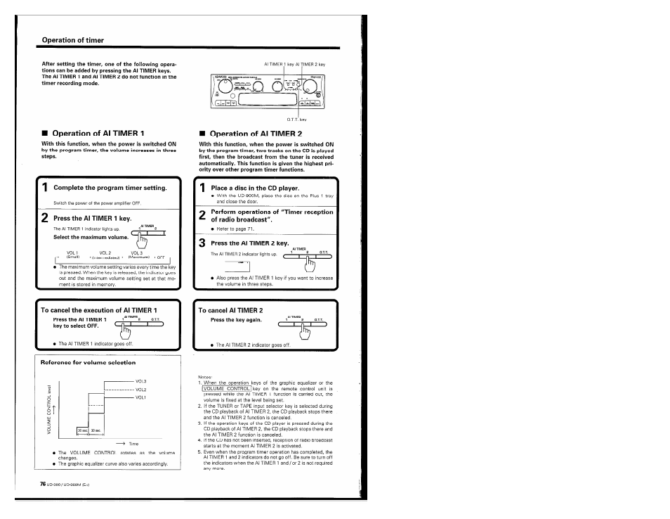 Operation of al timer 1, 1 complete the program timer setting, 2 press the al timer 1 key | Operation of al timer 2, Place a disc in the cd player, 3 press the al timer 2 key, To cancel the execution of al timer 1, Reference for volume selection, To cancel al timer 2 | Kenwood UD-900M User Manual | Page 76 / 84