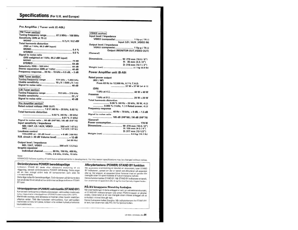 Pre amplifier / tuner unit (c-a9l), Power amplifier unit (b-a9), Strömbrytarens power beredskapsläge | Virtanäppäimen (power) valmiustiia (stand by), Afbrydertastens (power) stand by funktion, Pä/av-knappens stand-by funksjon, Specifications | Kenwood UD-900M User Manual | Page 81 / 84