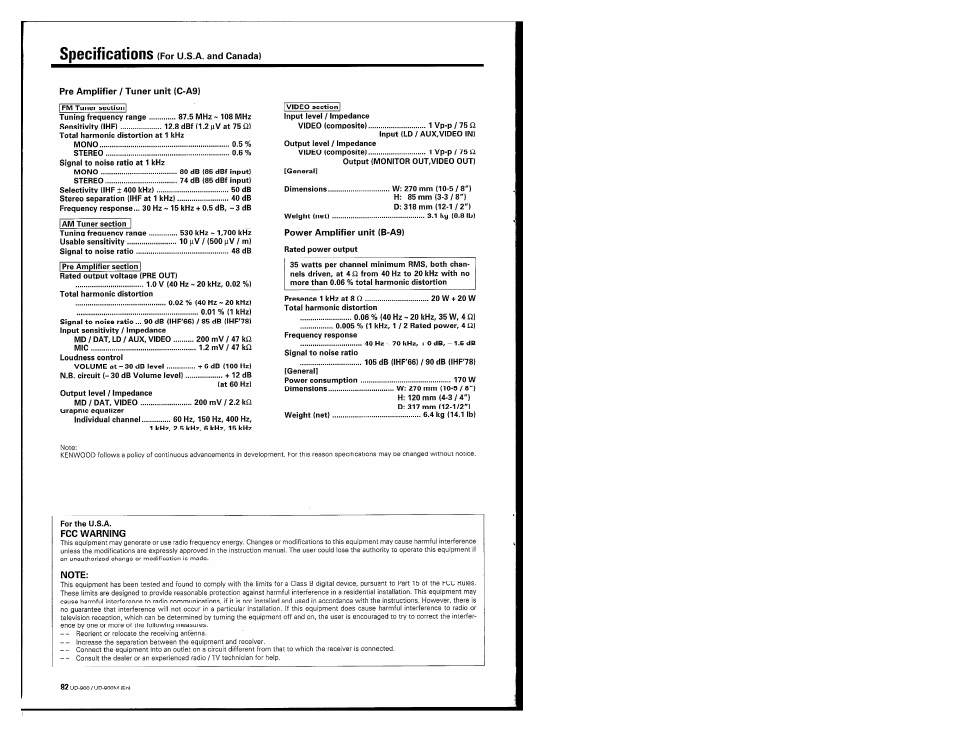 Pre amplifier / tuner unit (c-a9), Power amplifier unit (b-a9), Fcc warning | Note, Specifications | Kenwood UD-900M User Manual | Page 82 / 84