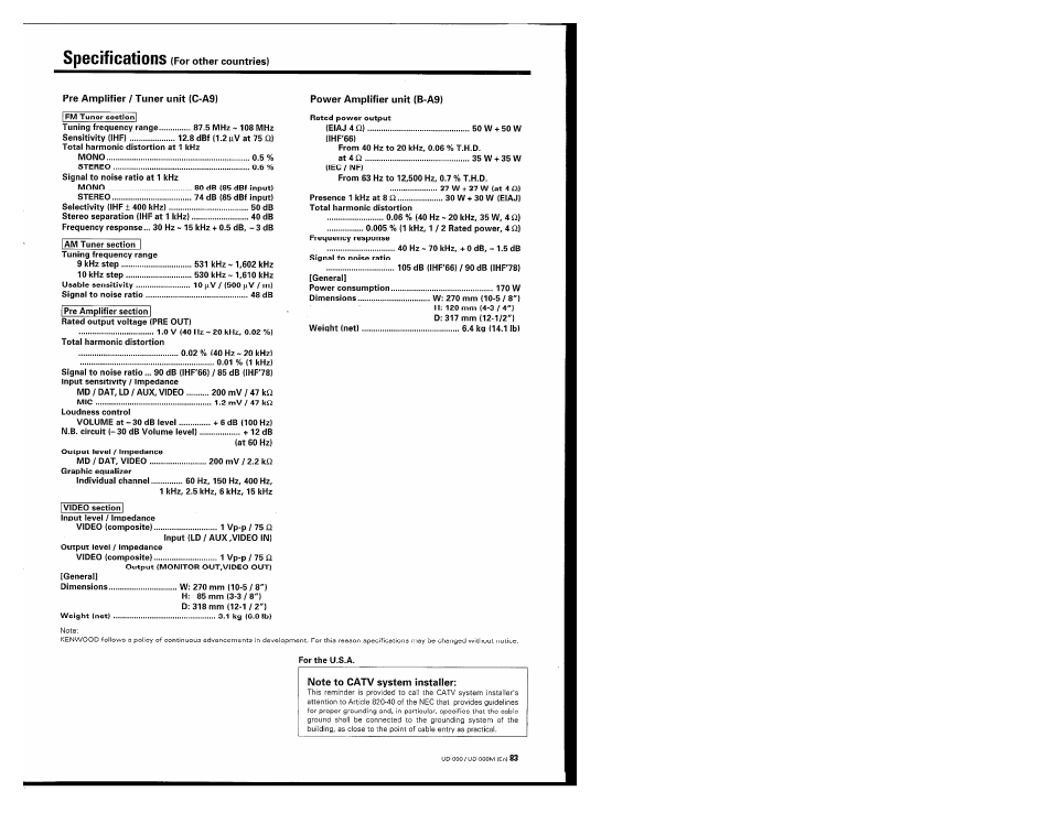 Pre amplifier / tuner unit (c-a9), Power amplifier unit (b-a9), Note to catv system installer | Specifications | Kenwood UD-900M User Manual | Page 83 / 84