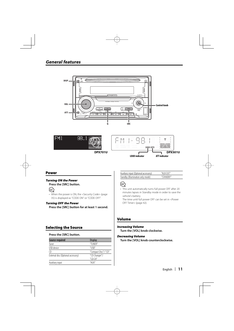 General features, Power, Selecting the source | Volume | Kenwood DPX701U User Manual | Page 11 / 61