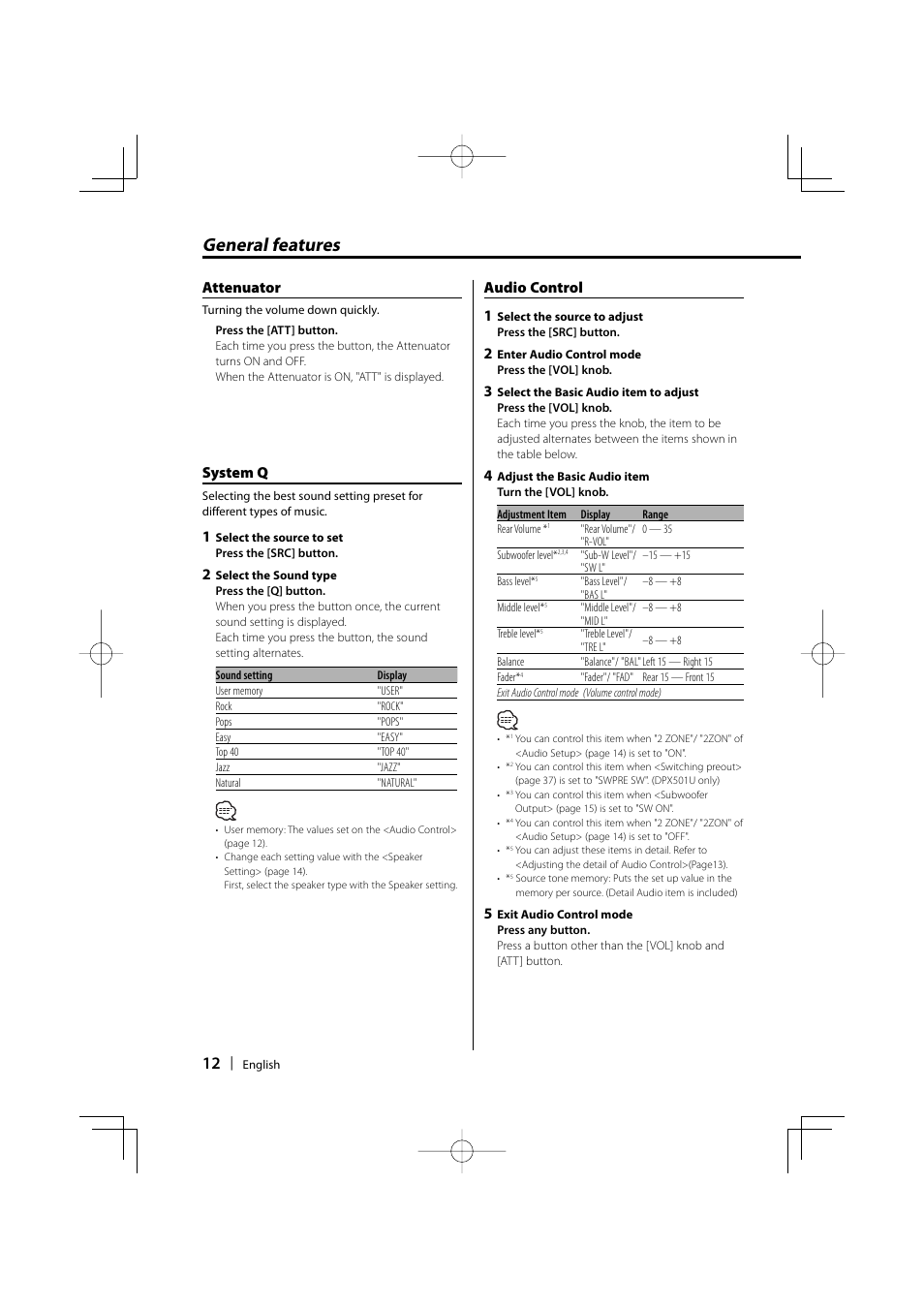 General features, Attenuator, System q | Audio control 1 | Kenwood DPX701U User Manual | Page 12 / 61