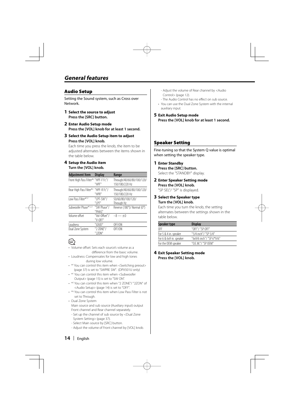 General features, Speaker setting, Audio setup | Kenwood DPX701U User Manual | Page 14 / 61