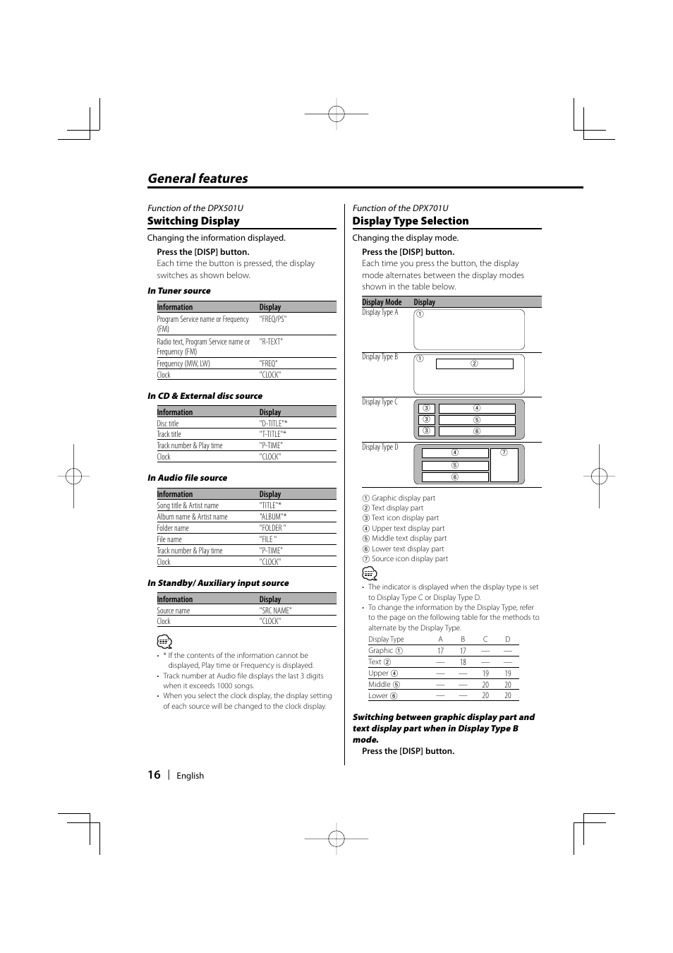 General features, Switching display, Display type selection | Kenwood DPX701U User Manual | Page 16 / 61