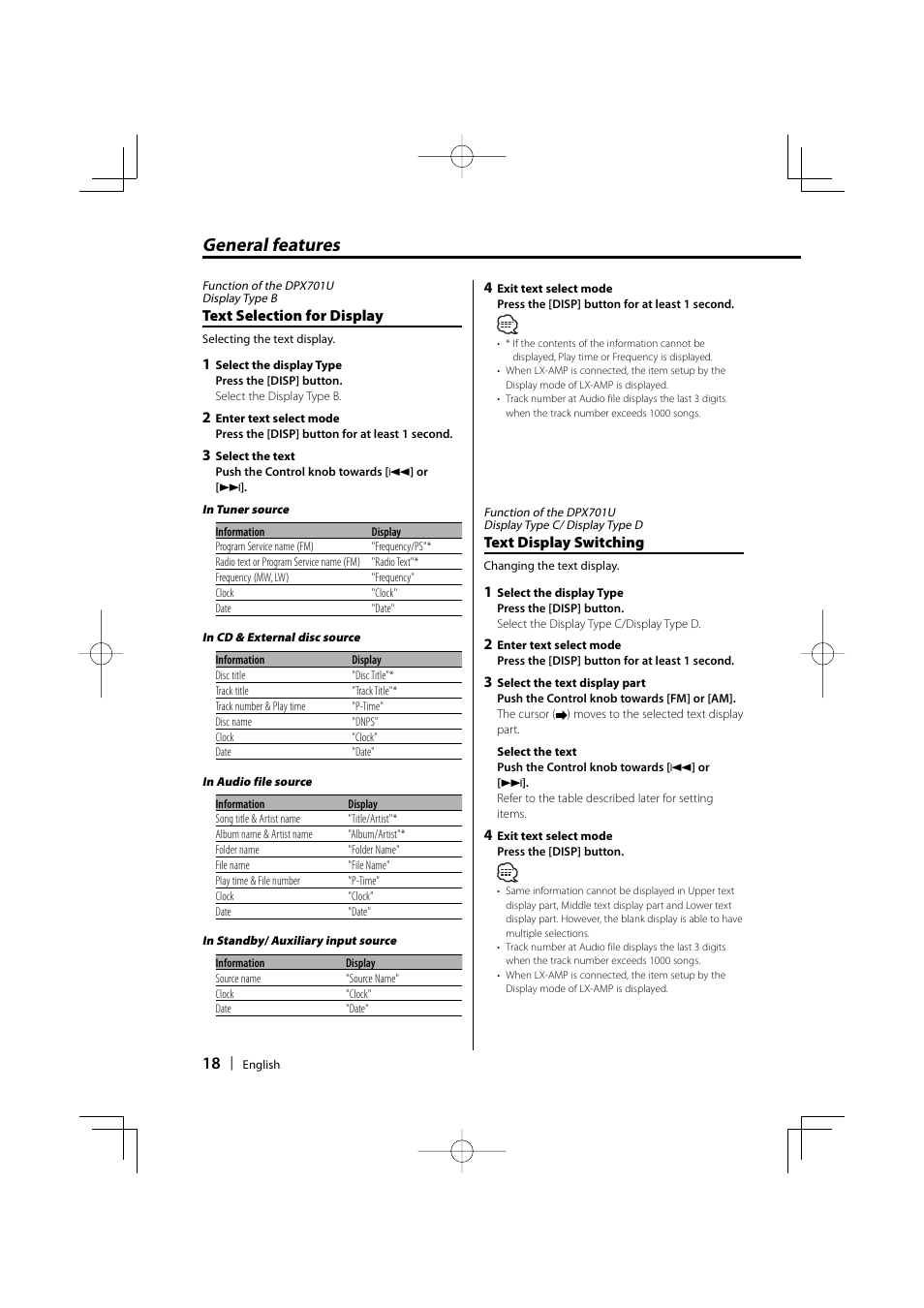 General features, Text display switching, Text selection for display | Kenwood DPX701U User Manual | Page 18 / 61