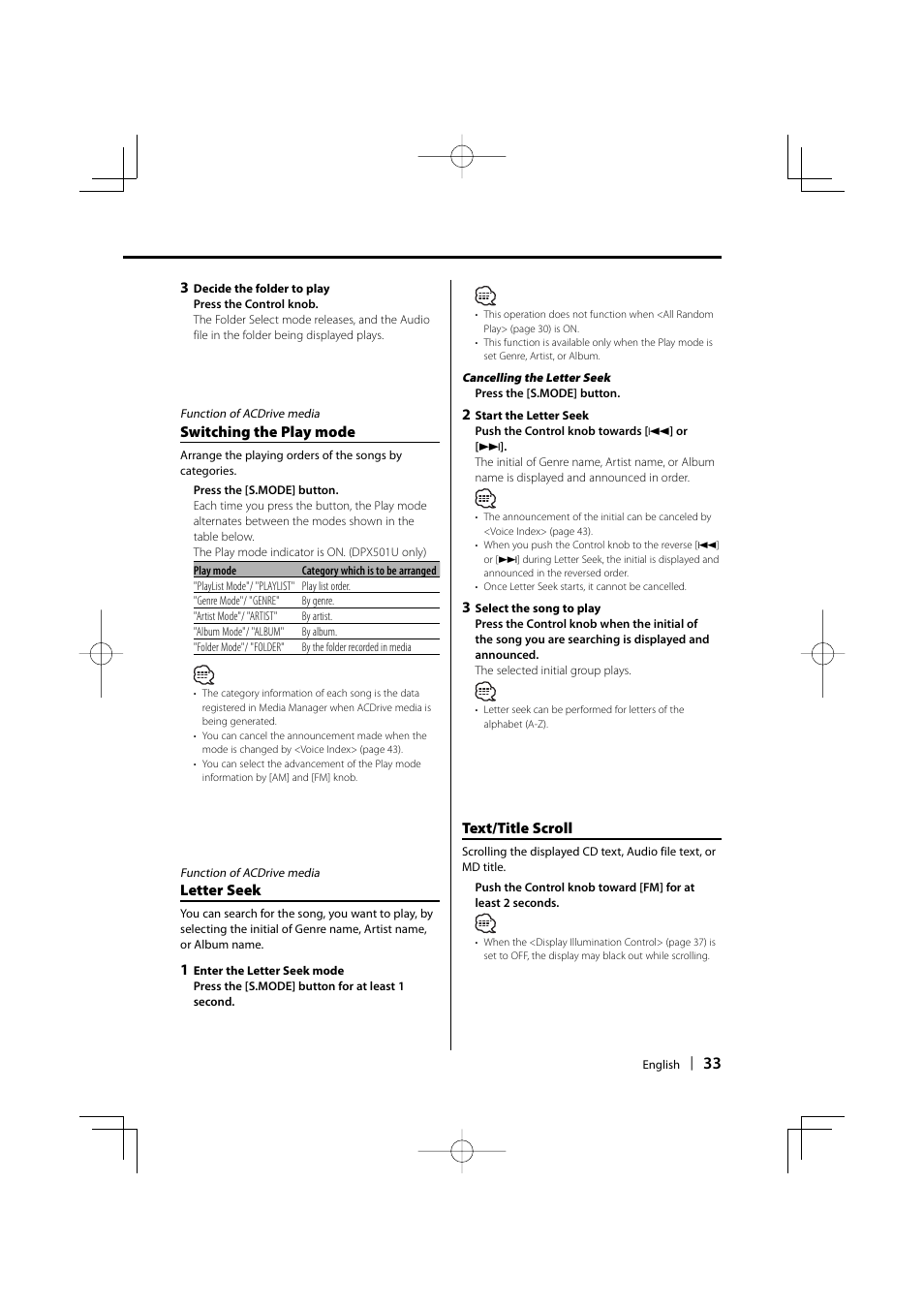Text/title scroll, Switching the play mode, Letter seek | Kenwood DPX701U User Manual | Page 34 / 61