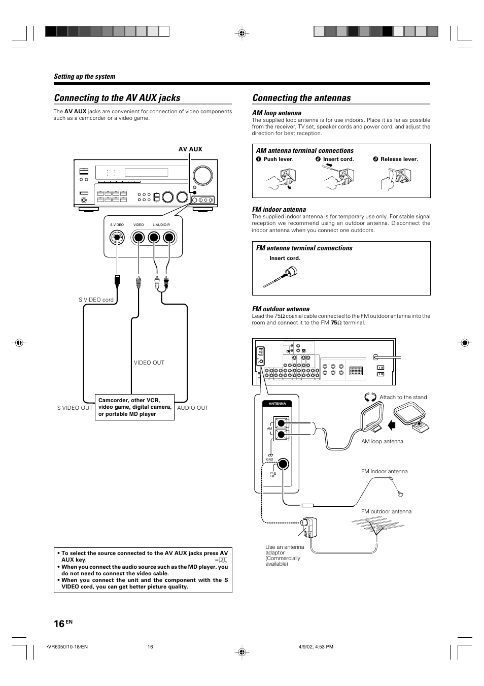 Connecting the antennas, Connecting to the av aux jacks | Kenwood KRF-V7060D User Manual | Page 16 / 44