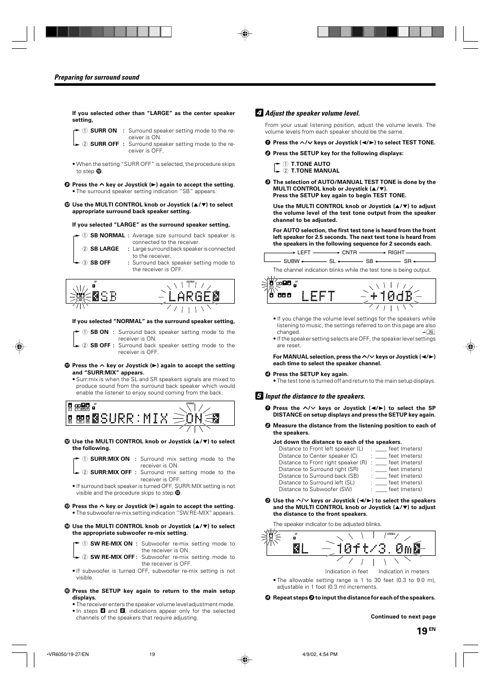 Preparing for surround sound, Adjust the speaker volume level, Input the distance to the speakers | Kenwood KRF-V7060D User Manual | Page 19 / 44