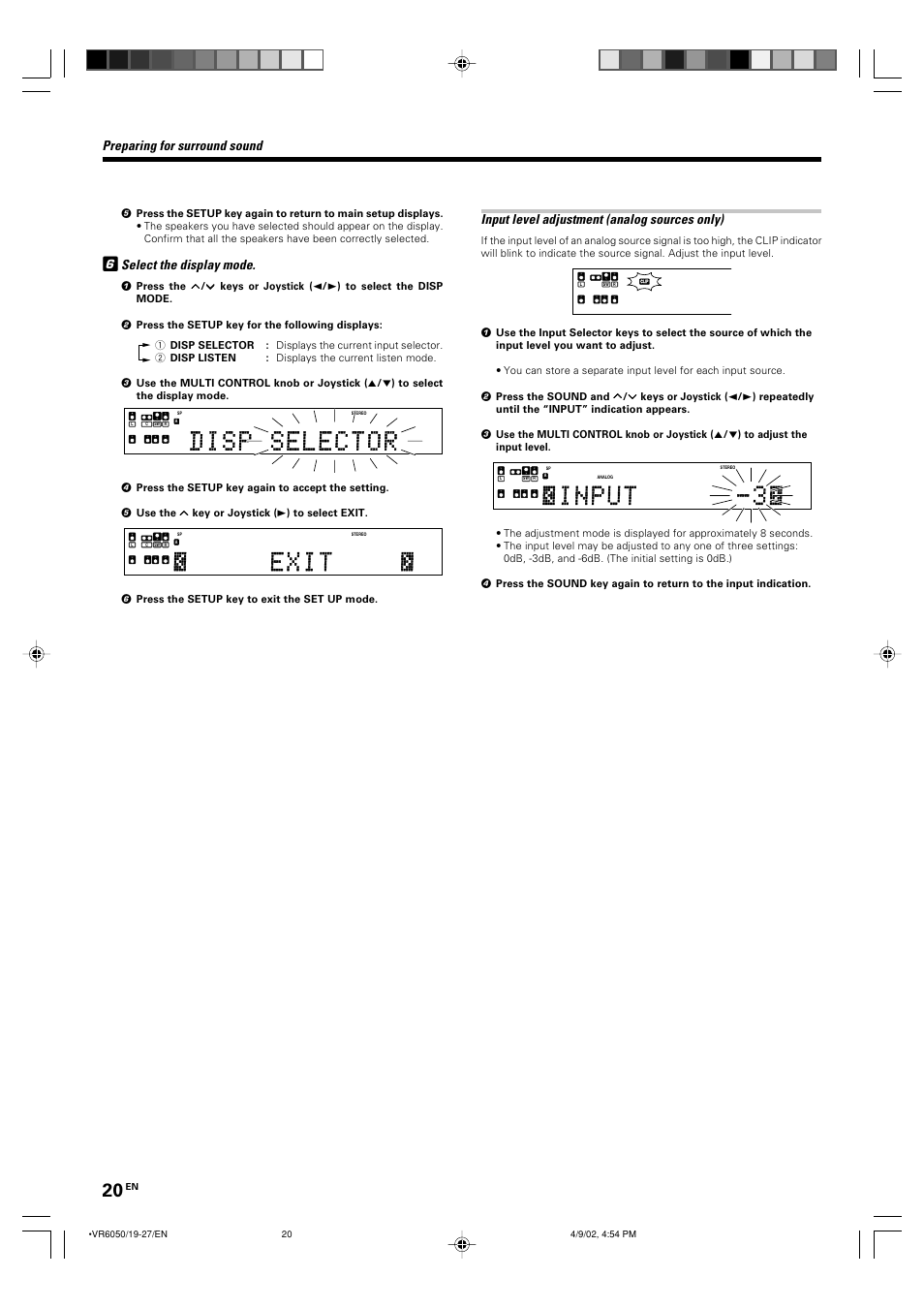 Select the display mode, 6 press the setup key to exit the set up mode | Kenwood KRF-V7060D User Manual | Page 20 / 44