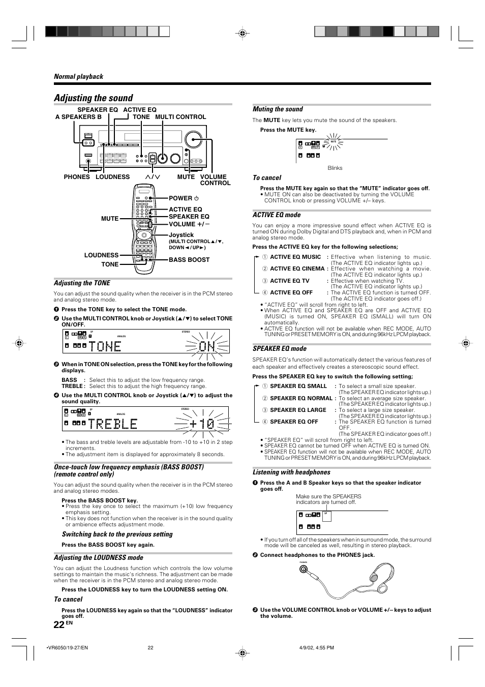 Adjusting the sound, Muting the sound, Active eq mode | Speaker eq mode, Listening with headphones, Normal playback, Adjusting the tone, Switching back to the previous setting, Adjusting the loudness mode | Kenwood KRF-V7060D User Manual | Page 22 / 44