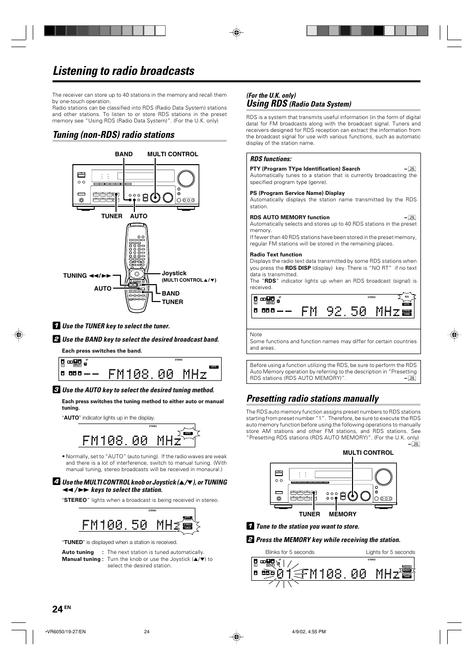 Listening to radio broadcasts, Using rds, Presetting radio stations manually | Tuning (non-rds) radio stations, Radio data system), For the u.k. only), Rds functions, Tune to the station you want to store, Use the tuner key to select the tuner, Use the multi control knob or joystick | Kenwood KRF-V7060D User Manual | Page 24 / 44
