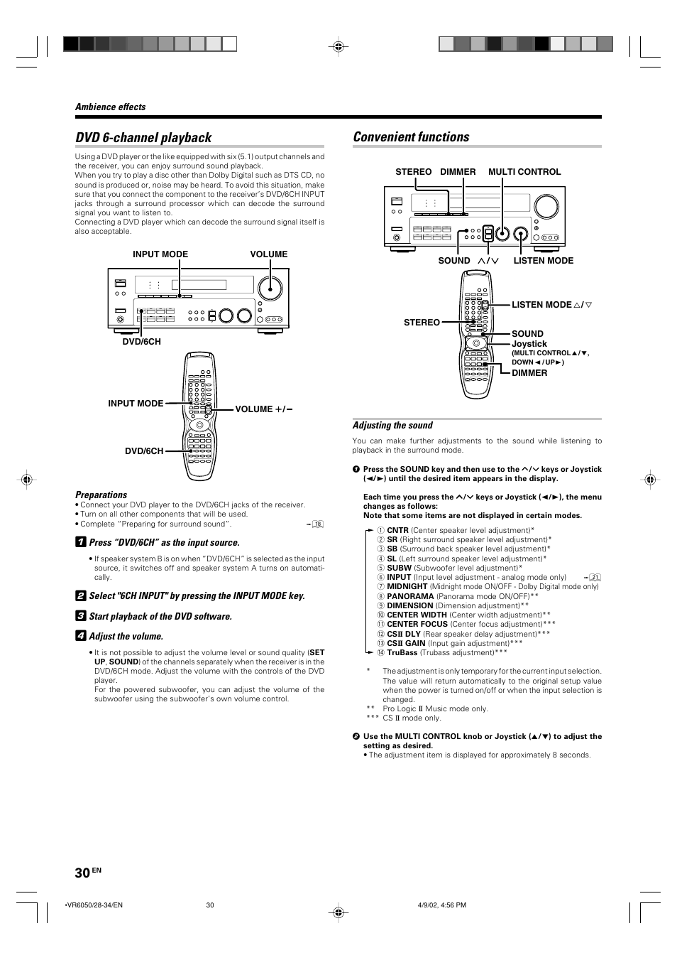 Dvd 6-channel playback, Convenient functions | Kenwood KRF-V7060D User Manual | Page 30 / 44