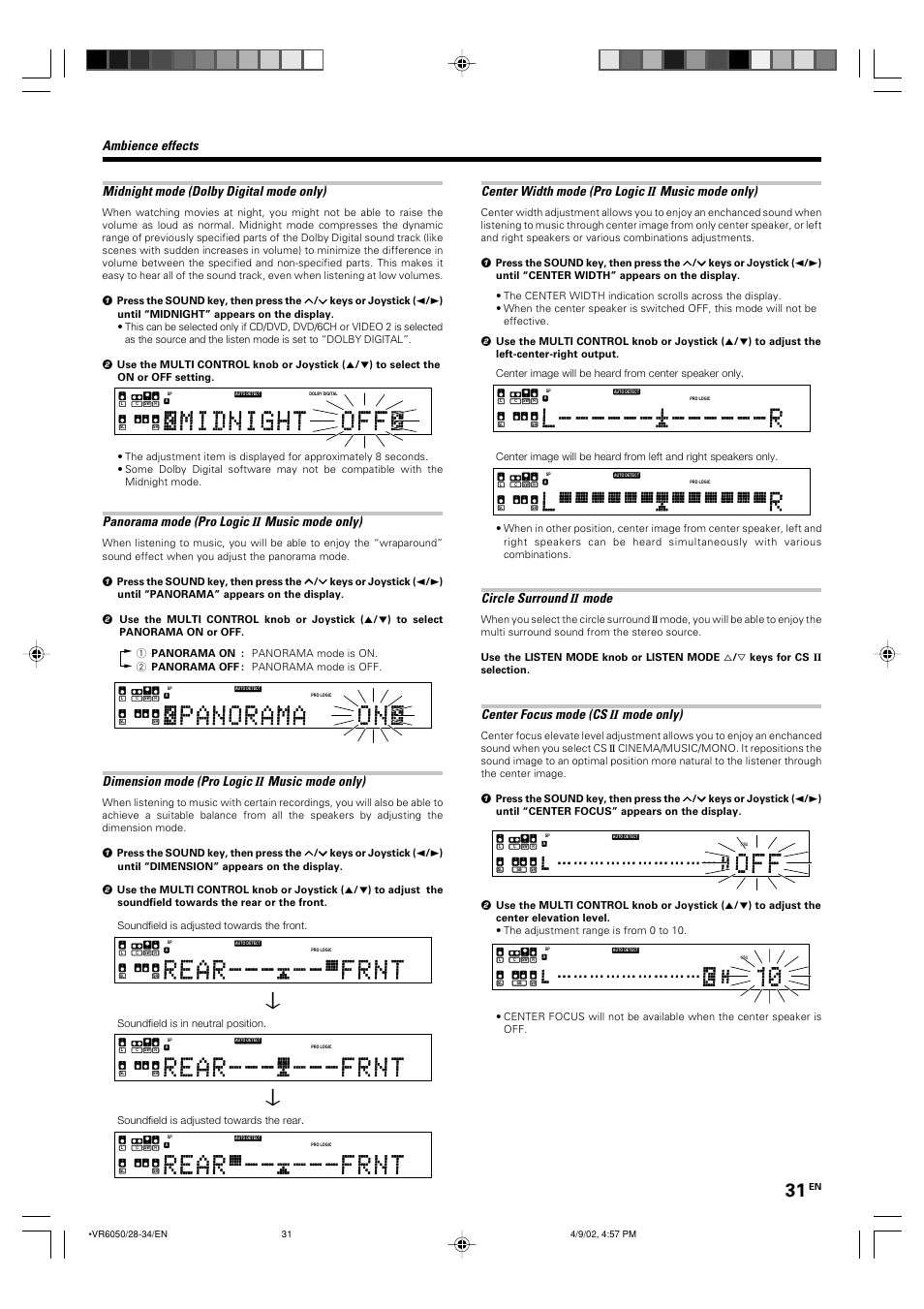 Midnight mode (dolby digital mode only), Panorama mode (pro logic, Music mode only) | Dimension mode (pro logic, Center width mode (pro logic, Circle surround, Mode, Center focus mode (cs, Mode only), Ambience effects | Kenwood KRF-V7060D User Manual | Page 31 / 44